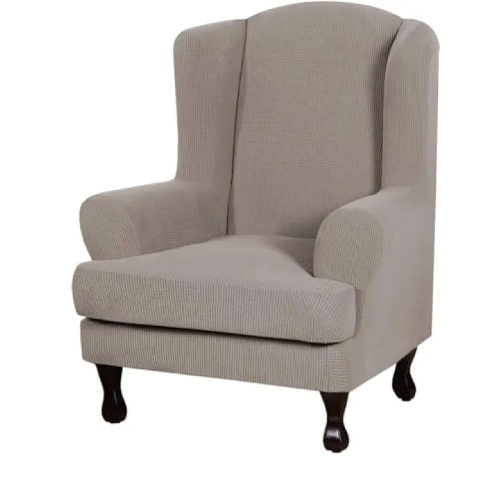 CiauCh Wingback Chair Slipcover 2 Piece Check Wingback Chair Cover Spandex M Wing Chair Slipcovers Wingback Armchair Covers with Elastic Bottom for Living Room Wingback Chair(Brown)