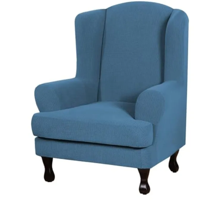CiauCh Wingback Chair Slipcover 2 Piece Check Wingback Chair Cover Spandex M Wing Chair Slipcovers Wingback Armchair Covers with Elastic Bottom for Living Room Wingback Chair(Sky Blue)