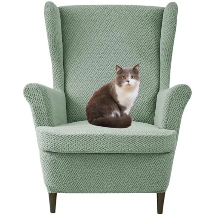 Wingback Chair Slipcover 2 Piece, Soft Spandex Wing Chair Cover Stretch Wing Back Chair Covers with Elastic Bottom Washable Furniture Protector for Living Room Bedroom-Deep Coffee-2 Piece(GREEN)