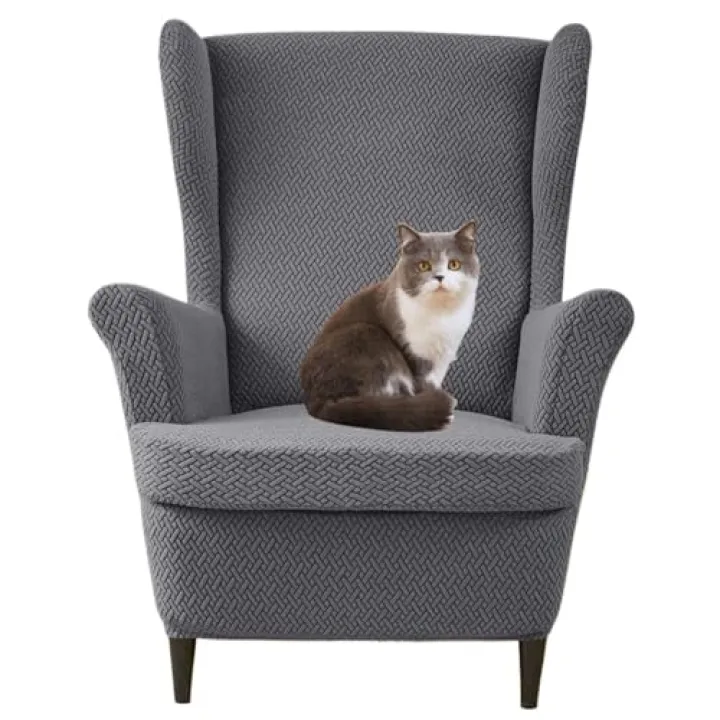 Wingback Chair Slipcover 2 Piece, Soft Spandex Wing Chair Cover Stretch Wing Back Chair Covers with Elastic Bottom Washable Furniture Protector for Living Room Bedroom-Deep Coffee-2 Piece(Dark Grey)