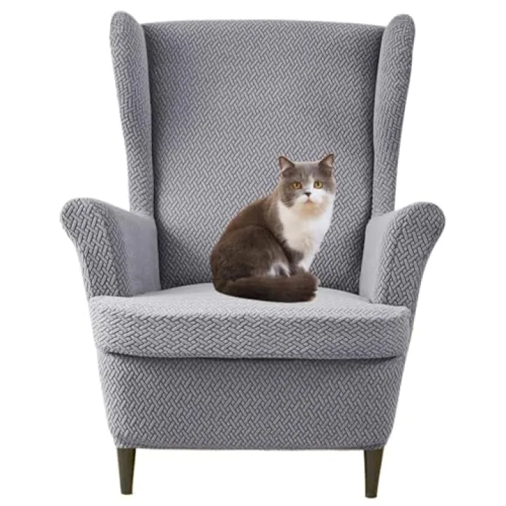 Wingback Chair Slipcover 2 Piece, Soft Spandex Wing Chair Cover Stretch Wing Back Chair Covers with Elastic Bottom Washable Furniture Protector for Living Room Bedroom-Deep Coffee-2 Piece(Light Grey)