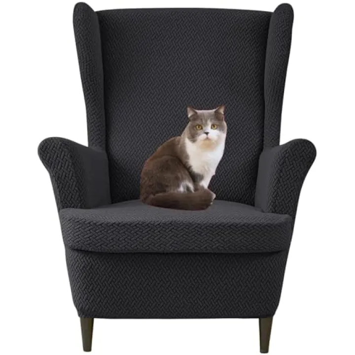 Wingback Chair Slipcover 2 Piece, Soft Spandex Wing Chair Cover Stretch Wing Back Chair Covers with Elastic Bottom Washable Furniture Protector for Living Room Bedroom-Deep Coffee-2 Piece(Black)