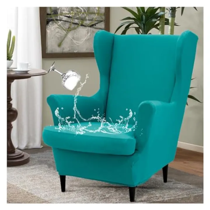 CiauCh Waterproof Wing Chair Slipcovers 2 Piece Stretch Wingback Chair Cover Spandex Fabric Wingback Armchair Covers with Elastic Bottom for Living Room Bedroom Wingback Chair(Green3)