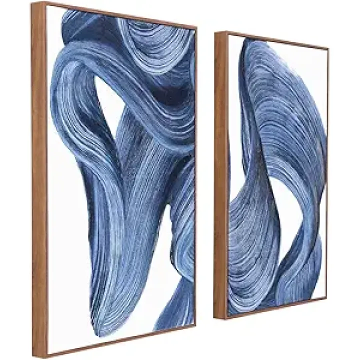 Zessonic Blue Abstract Wall Art Set of 2- Framed Twist Stroke Minimalist Graffiti on White Background Modern Canvas Artwork for Living Room, Bedroom, Office Decor, 16 x 24 Inches x 2