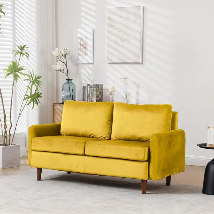 57" W Loveseat Sofa, Mid Century Modern Decor Love Seat Couches for Living Room,2 Seater Modern Small Couch with Velvet,2 Seater Love Seat Couches, Sleeper Loveseat Sofa for small spaces, Yellow