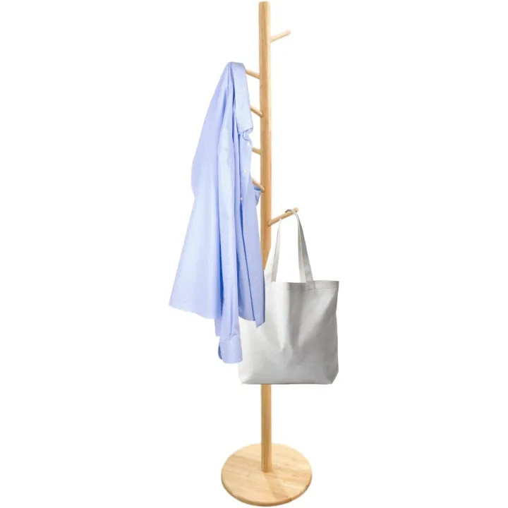 Solid Wood Coat Rack and Stand, Free Standing Clothes Hanger with 8 Hooks and 3 Adjustable Height, Perchero, Hat Stand, Coat Hanger, Wooden Racks for Entryway or Hallway (Natural)