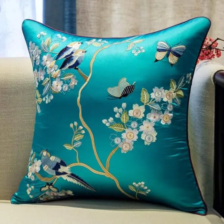 NOULULXI Satin Faux Silk Embroidery Throw Pillow Cover Silky Vintage Chinese Style Cushion Case Couch Bed Living Room Decor 18x18 Inch