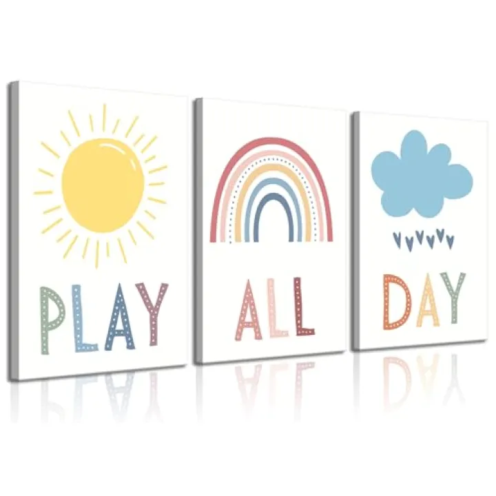 3Pcs Boho Nursery Canvas Wall Art Play All Day Kids Room Wall Decor Pictures Rainbow Sun Cloud Posters Prints for Boy Girl Bedroom Playroom Classroom Decoration, 12x16in