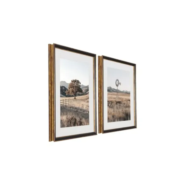 Framed Rustic Landscape Wall Art Set of 2 – Country Farmhouse Decor with Tree and Windmill Prints Western – Vintage Frame Wall Decor for Living Room, Bedroom, or Office– 16"x20"x2
