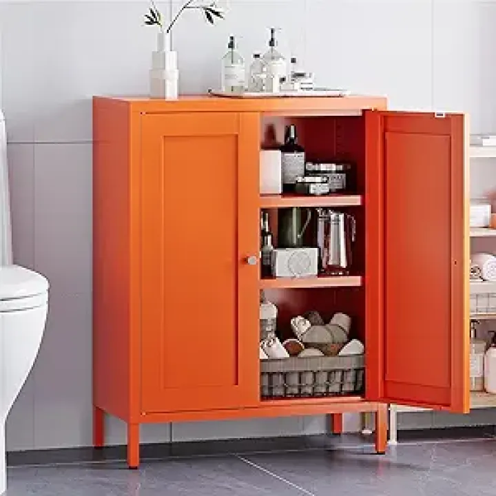 Bathroom Floor Cabinet,Metal Storage Cabinet,Freestanding Sideboard with 2 Doors & 2 Adjustable Shelves,Modern Metal Storage Locker for Bathroom,Living Room,Entryway,Orange