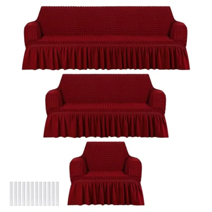 Fanfanwin 3 Pcs Sofa Slipcover Set for Couch Cushion Durable Washable High Elastic Stretchable Furniture Couch Covers with Skirt for Sofa Loveseat Arm Chair(Burgundy,Seersucker)