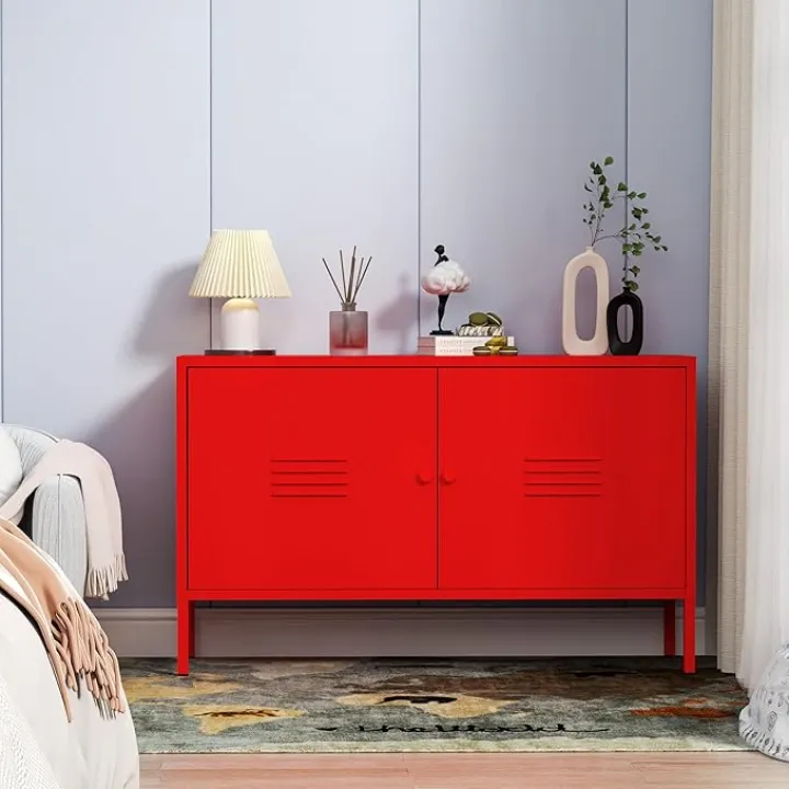 2 Mesh Door Metal Storage Cabinet for Bed Room,Living Room,Home,Hotel,Office,Garage,Kitchen,3-Tier,2 Removable Shelves. (Red)