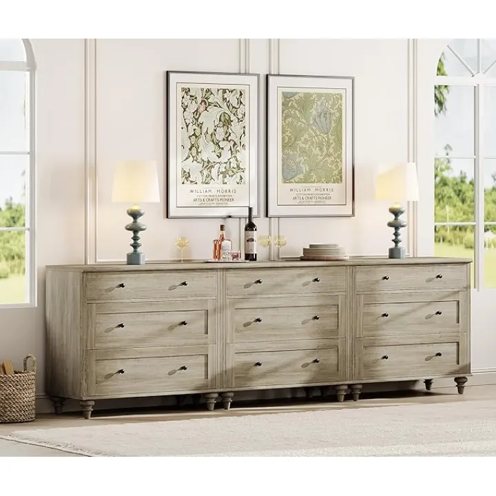 WAMPAT Dresser for Bedroom with 9 Drawers, Grey Kids Dressers with Wide Chest of Drawers, Mid Century Modern Wooden Closet Storage Organizer, Large Wood Dressers for Living Room, Nursery, Hallway