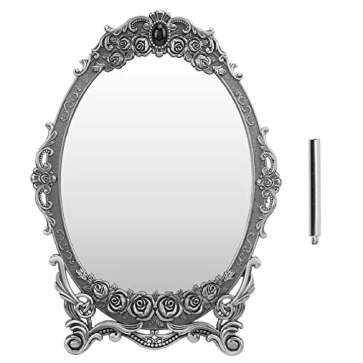 TOPINCN Retro Oval Desktop Makeup Mirror, Oval Cosmetic Mirror, Floral Embossed Vintage Mirror Decoration, Vintage Vanity Mirror with Stand for Dressers (Antique Pewter Mirror)