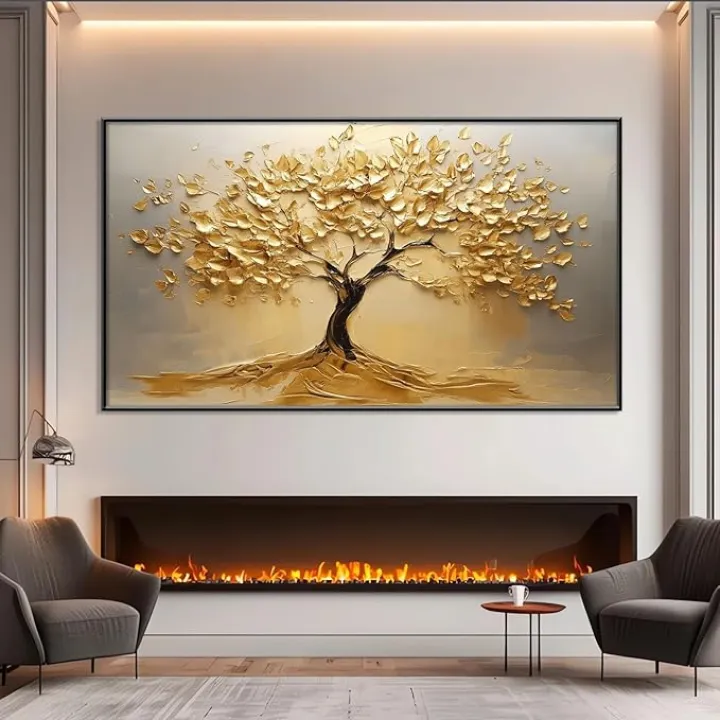 Golden Tree Canvas Wall Art, Tree of Life Wall Art, Gold Tree Painting Canvas, Golden Bonsai Tree Canvas Print, Bonsai Poster, Modern Office Wall Decor, Home Wall Decor (Black Framed, 36"x20"|92x52cm)