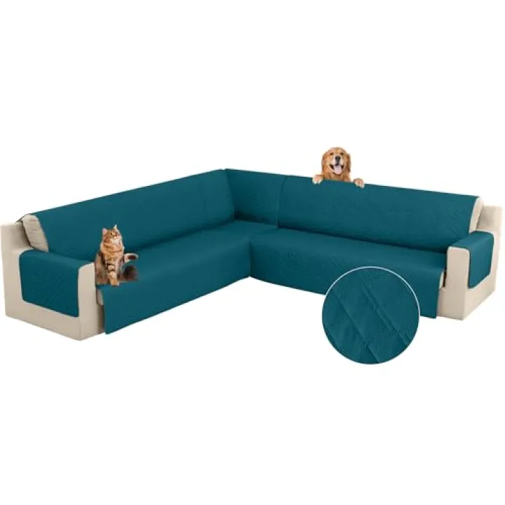 Arfntevss Corner Sectional Couch Covers for Sectional Sofa L Shaped Sofa Cover Washable Quilted Sofa Slipcover Non Slip U Shape Couch Cover Pet Dog Furniture Protector (Teal Blue, XX-Large)