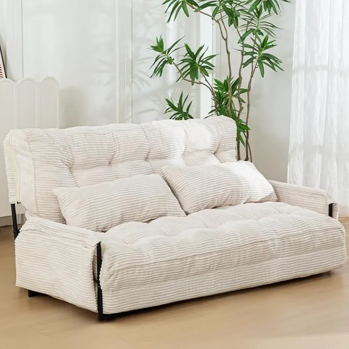 MAXYOYO Adjustable Floor Sofa Couch with 2 Pillows, Multi-Functional Bean Bag Bed, 5-Position Foldable Lazy Sofa Sleeper Bed with Armrest Versatile Floor Seating Sofa for Reading Gaming, Beige, Double