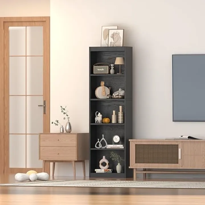 Tall Bookshelf, 20 Inches Wide, 5-Tier Open Wooden Bookcase, Bookshelves and Bookcases with Storage Shelves, Freestanding Display Storage Shelves for Bedroom Library Living Room Home Office