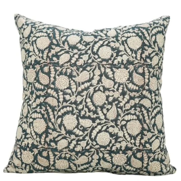 Fabritual Handmade Block Print Cotton Linen 24"X24" Throw Pillowcase Cushion Cover, Home Décor, Living Room, Sustainable for Sofa and Couch, Fall Decoration, Floral Printed, Gopi, Dark Blue