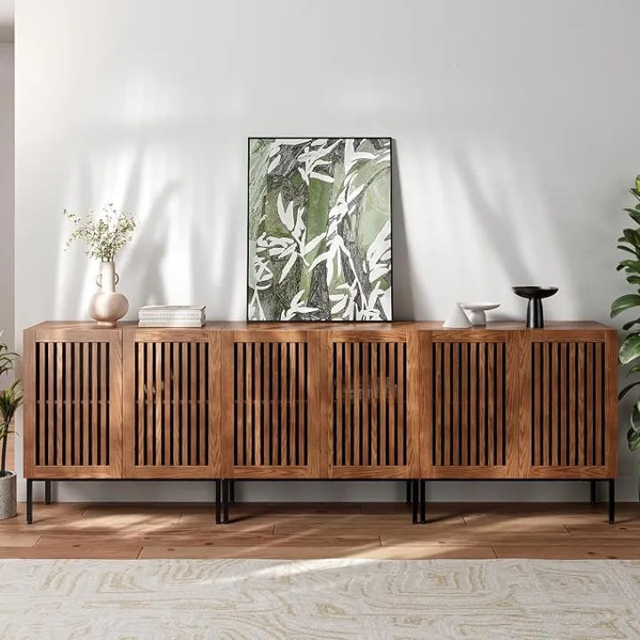 Buffet Cabinet with Storage,Set of 3 Farmhouse Console Table with Metal Base and Adjustable Shelves,Sideboard Coffee Bar Cabinet with 6 Doors for Kitchen,Dining Room,Living Room,Brown