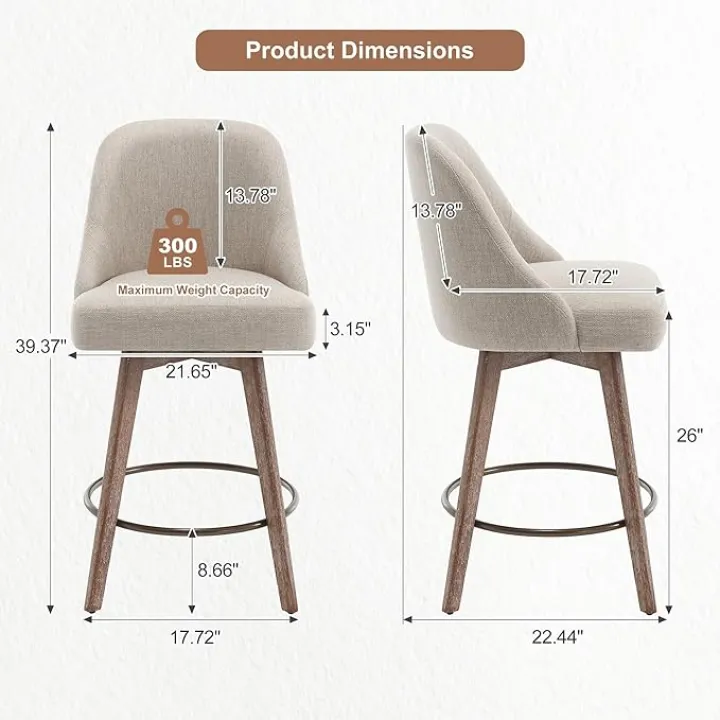 Counter Height Swivel Bar Stools Set of 2, Upholstered Fabric Barstools with Back and Thick Seat, Solid Wood Legs, 26" Modern Bar Chair Counter Stool for Kitchen Island Home Bar, Sand