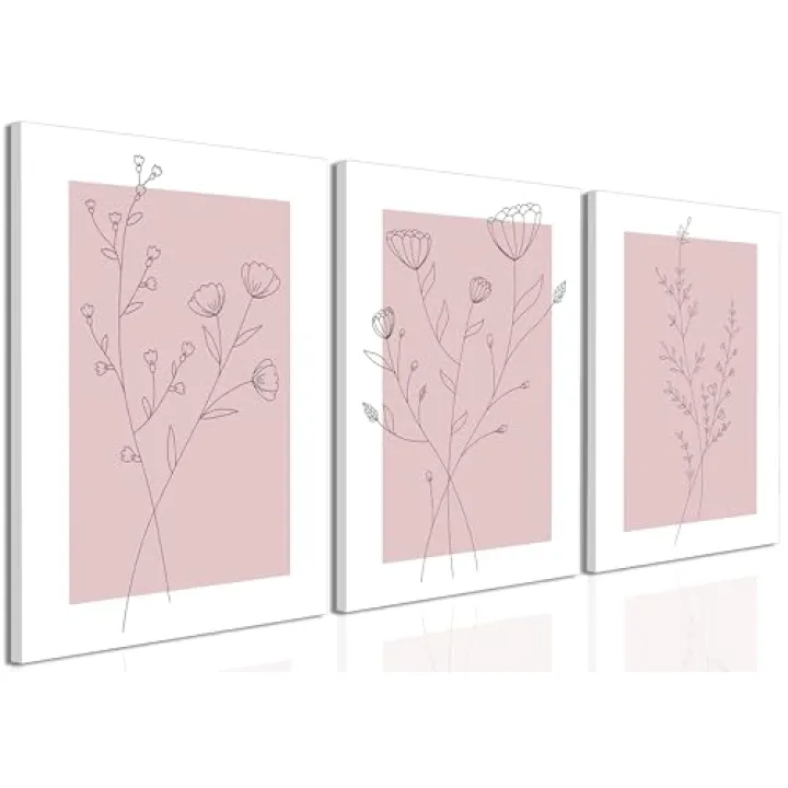WARTHZ Pink Flower Wall Art Light Pink and White Botanical Line Pictures Wall Decor Painting Set of 3 Floral Plant Poster Canvas Print for Girl Bedroom Living Room Framed 12x16 inch