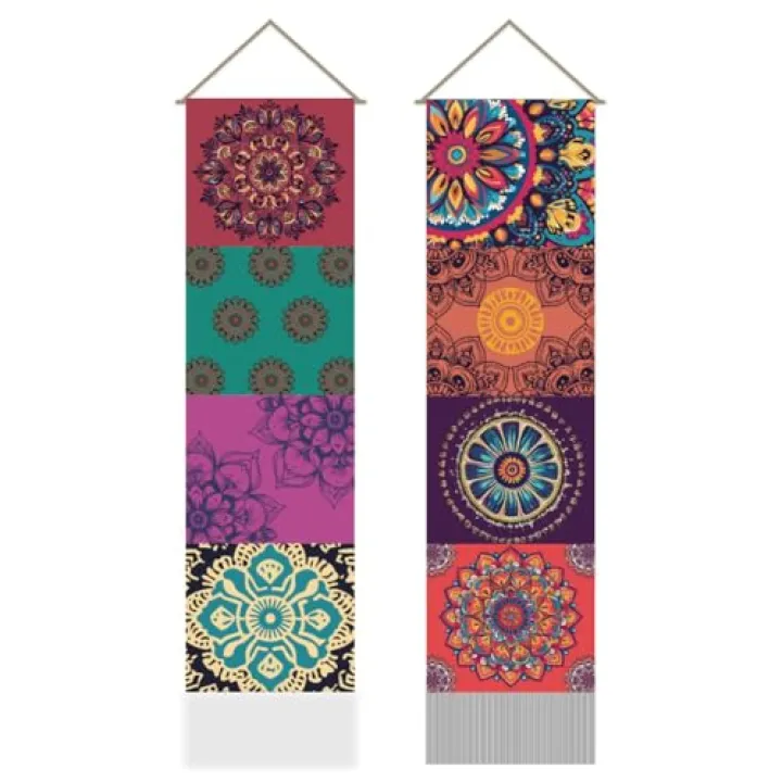 AHANDMAKER 2Pcs Boho Mandala Splicing Tapestry, Colorful Mandala Long Vertical Wall Hanging, Floral Tassel Wall Aesthetic Tapestry for Bedroom & Living Room (45.7x13 Inch)