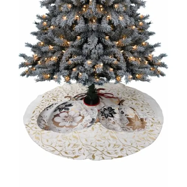 Thanksgiving Fall Christmas Tree Skirt 36 Inches Large Christmas Skirt Tree, Pumpkin Harvest Yellow Botanical Tree Skirt Christmas Decorations for Fireplace Party Holidays Indoor Outdoor