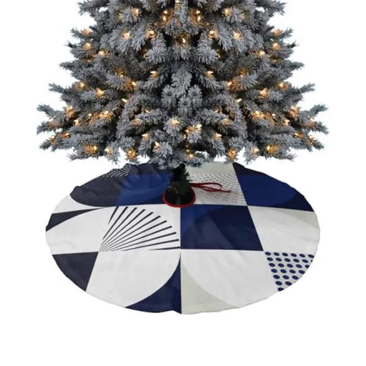 Black Navy Blue Geometric Christmas Tree Skirt 36 Inches Large Christmas Skirt Tree, Middle Century Modern Abstract Art Tree Skirt Christmas Decorations for Fireplace Party Holidays Indoor Outdoor