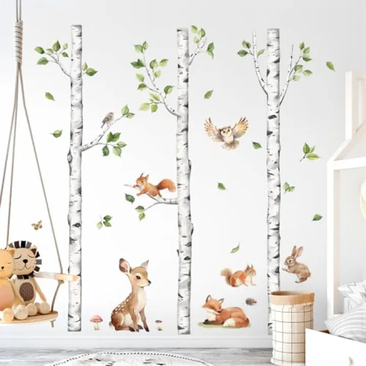 Tanlaby Large White Birch Tree Wall Decals Forest Animals Wall Stickers Woodland Trees Wall Decals Deer Fox Sticker Art Decor for Baby Nursery Boys Kids Toddler Bedroom Playroom Classroom