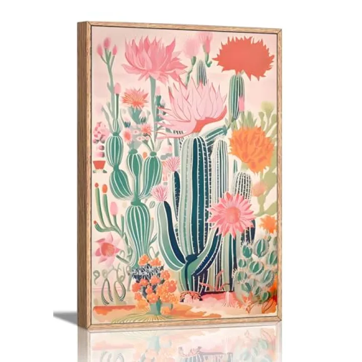 KISSFOX Framed Wall Art Western Wall Decor Cactus Pictures Mexican Canvas Art Pink Desert Botanical Paintings Southwestern Artwork For Bedroom Living Room Kitchen