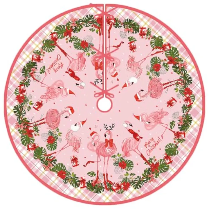 Flamingo Christmas Tree Skirt 48 Inch Beach Christmas Tree Collar Tropical Coastal Hawaliian Christmas Tree Decor Flamingo New Year Xmas Decor Christmas Decorations for Home Party