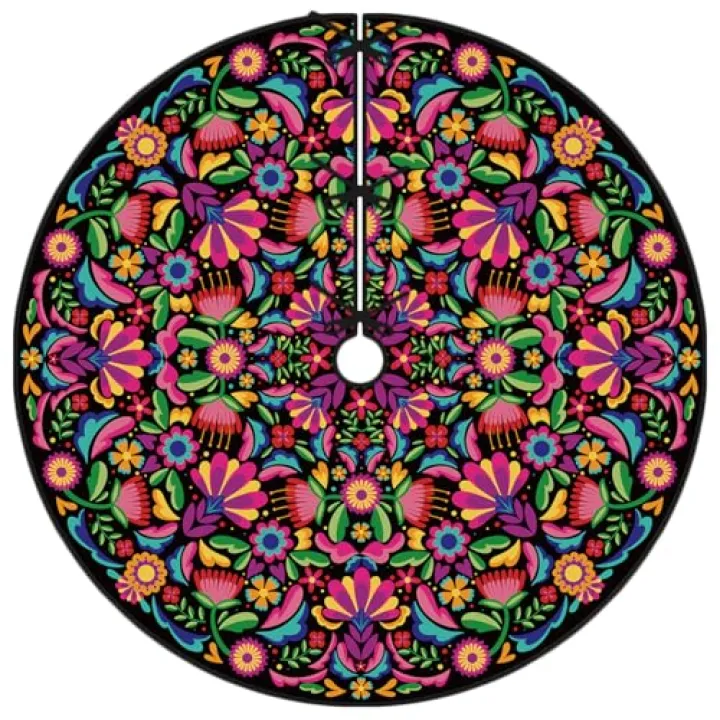 Mexican Christmas Tree Skirt 48 Inch Feliz Navidad Tree Collar Mexico Dahlia Tree Decor Mexican New Year Xmas Decor Christmas Decorations for Home Party
