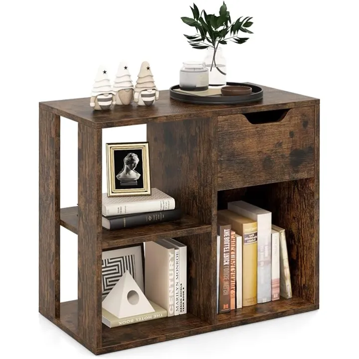 Giantex 3 Cube Bookcase with Drawer, 2 Tier Bookshelf for Small Spaces, Modern Freestanding Display Rack with Open Shelves, Book Case, Wood Cube Storage Organizer Bedroom Living Room, Black