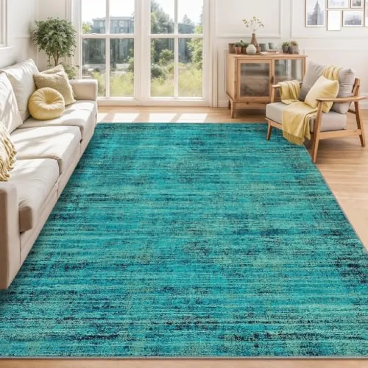 5x7 Washable Area Rugs for Living Room, Soft Vintage Distressed Large Bedroom Rug Foldable Indoor Floor Carpet, Retro Abstract Thin Non-Slip Throw Rugs for Bedroom Dining Room, Teal Multi