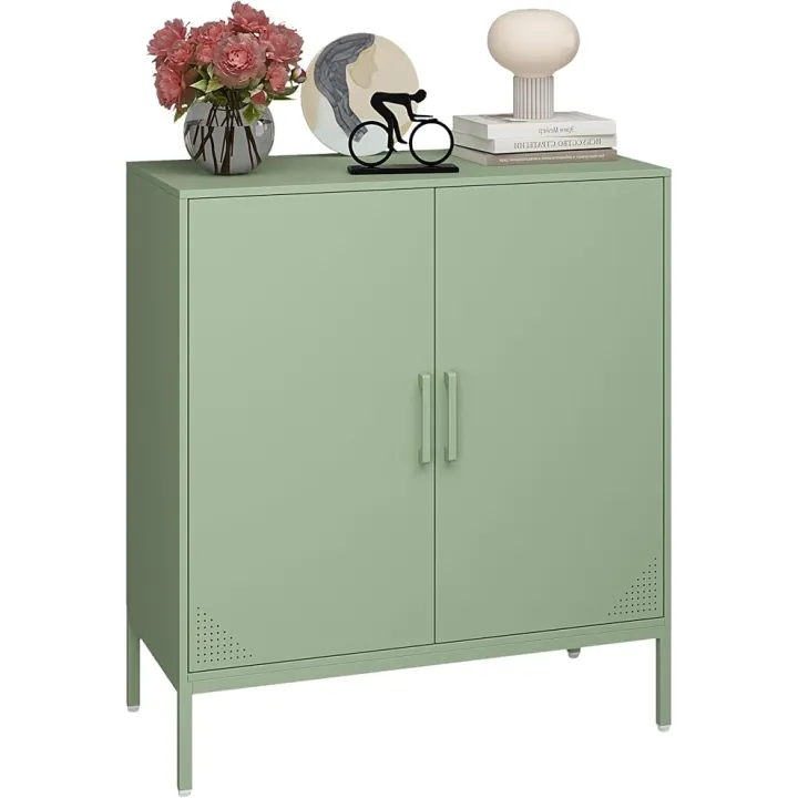 Metal Storage Cabinet with Adjustable Shelves, Steel Buffet Sideboard for Entryway, Living Room, Dining Room, Kitchen, Office, Bar (Green)