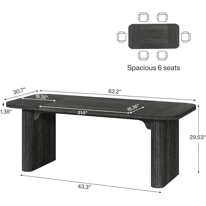 Tribesigns Modern Dining Table for 6 People, 63-Inch Black Kitchen Table with Double Robust Pedestal, Long Rectangle Wood Dinner Table for Dining Room