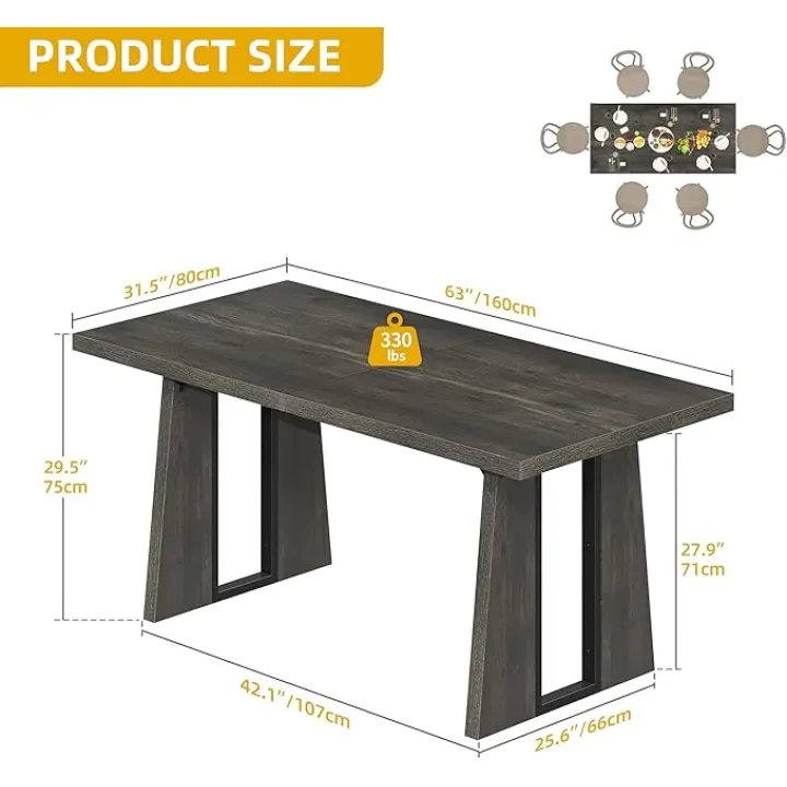 DWVO Rectangle Dining Table for 4-6 People 63 Inch Large Dining Room Table Wooden Dinner Table with Heavy Duty Legs for Kitchen Apartment Restaurant Rustic Grey