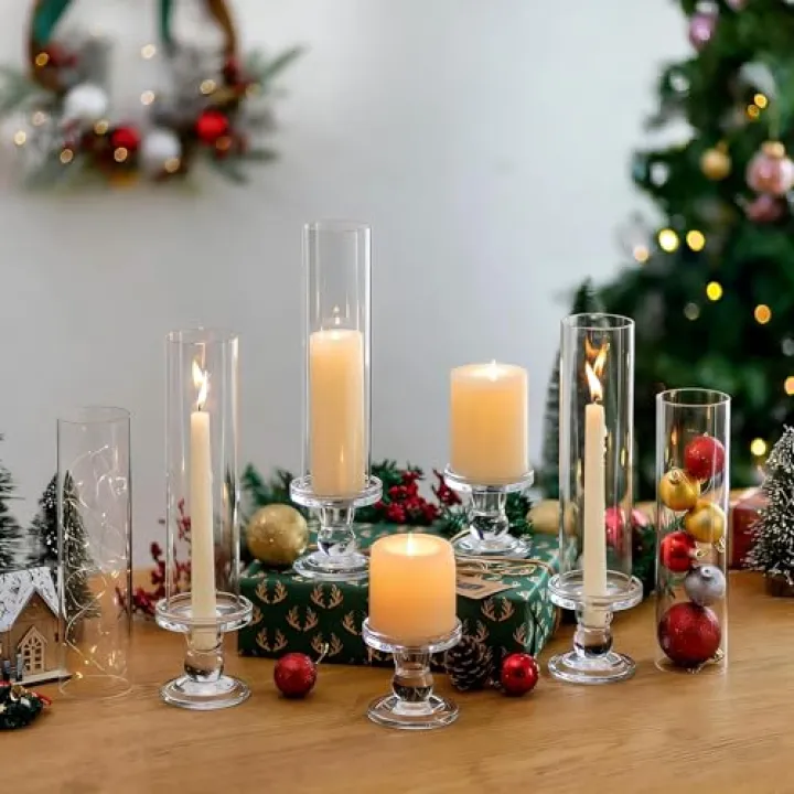 NUPTIO Hurricane Candle Holder for Centerpiece: Set of 6 Glass Candlestick Taper Holders with Open Ended Cover - Tapered Candle Stick Stand for Thanksgiving Christmas Fireplace Dining Table Decor