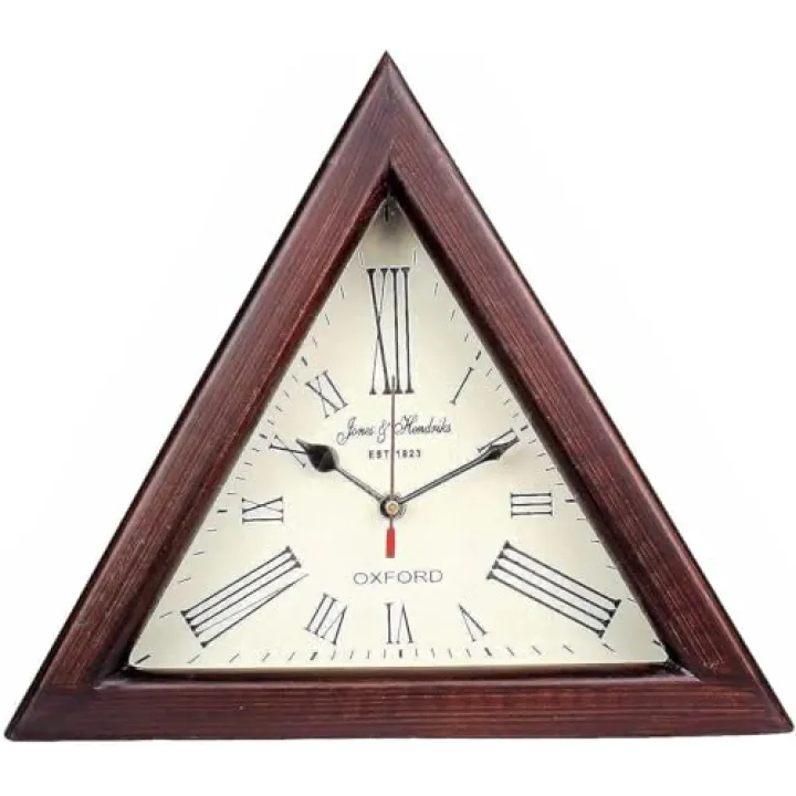 ALFAMART HT Handmade Triangle Wooden Designer Big Wall Clock Roman Numeral Analog Brown Wall Hanginig Clock for Living Room and Bedroom Decor 10"