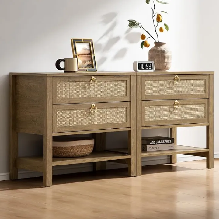 SICOTAS Night Stand Set of 2, Rattan Nightstand with Drawers and Storage Shelf - Boho Bedside Table Narrow Side Table for Bedroom, Small Space
