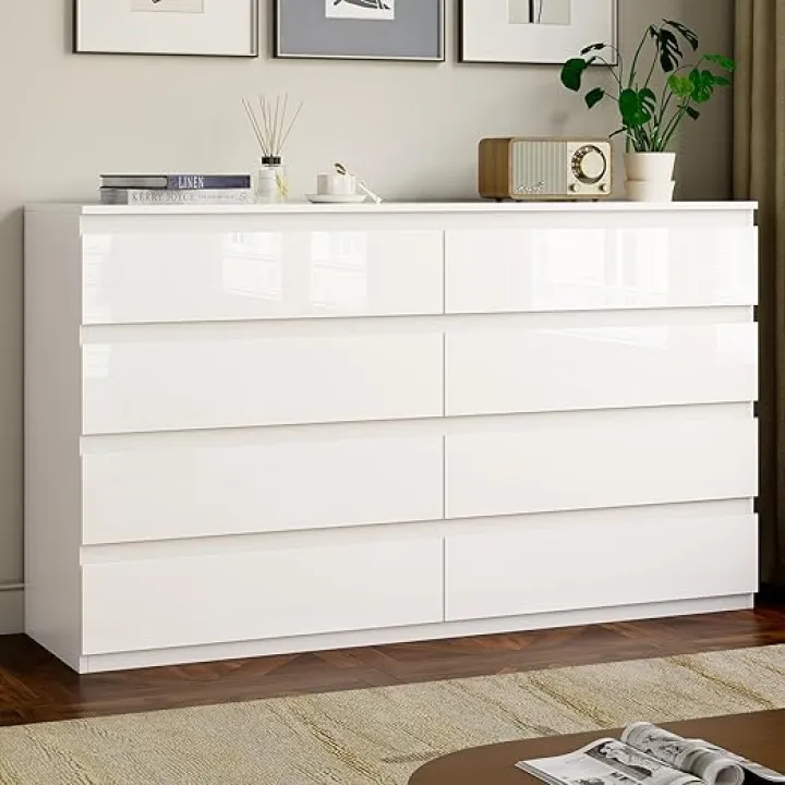 White Wood Dresser for Bedroom, 8 Drawer Dressers for Clothes Storage, Modern Dresser with Wide Drawers, Wide Wooden Chest Drawers for Living Room, Entryway, TV Stand(55" W x15.4 Dx32.3 H)