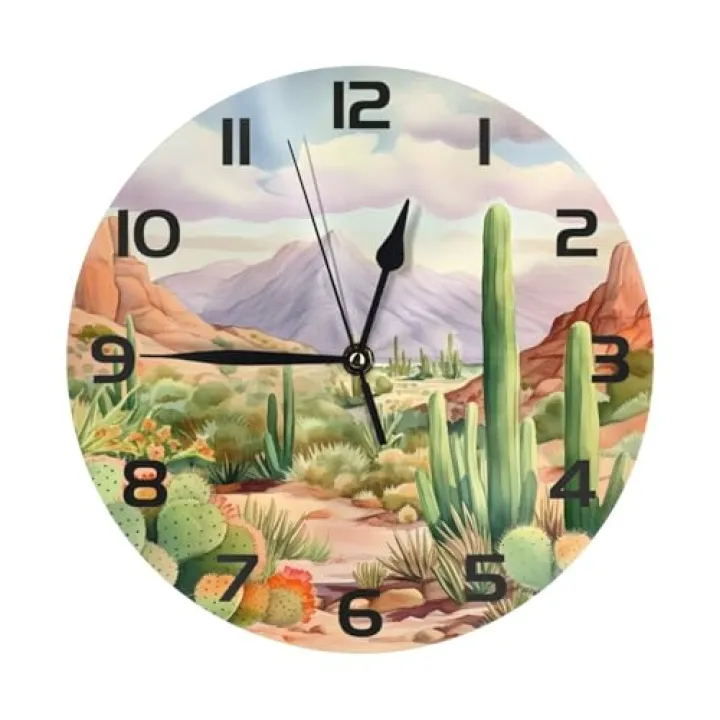 Tangopi Desert Cactus Wall Clock 10 Inch Silent Non Ticking Wall Clocks Battery Operated Decorative Clock for Bedroom Kitchen Office Classroom