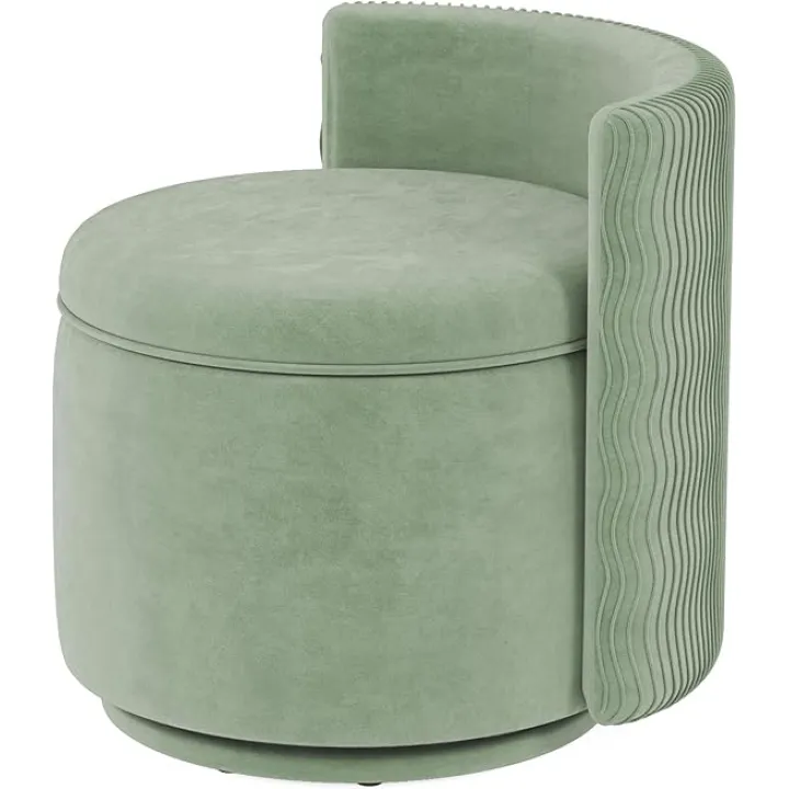360° Swivel Accent Chair with Storage, Vanity Stool with Back, Velvet Storage Ottoman, Upholstered Round Barrel Vanity Chair for Living Room, Makeup Room, Bedroom (Green)