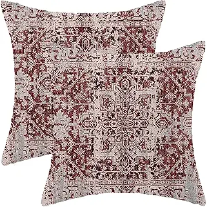 Boho Throw Pillow Covers 18x18 Inch Set of 2, Christmas Burgandy Red Decorative Throw Pillow Covers Carpet Pattern Wine Red Outdoor Cushion Cover for Sofa Couch Farmhouse Room Bed Decor