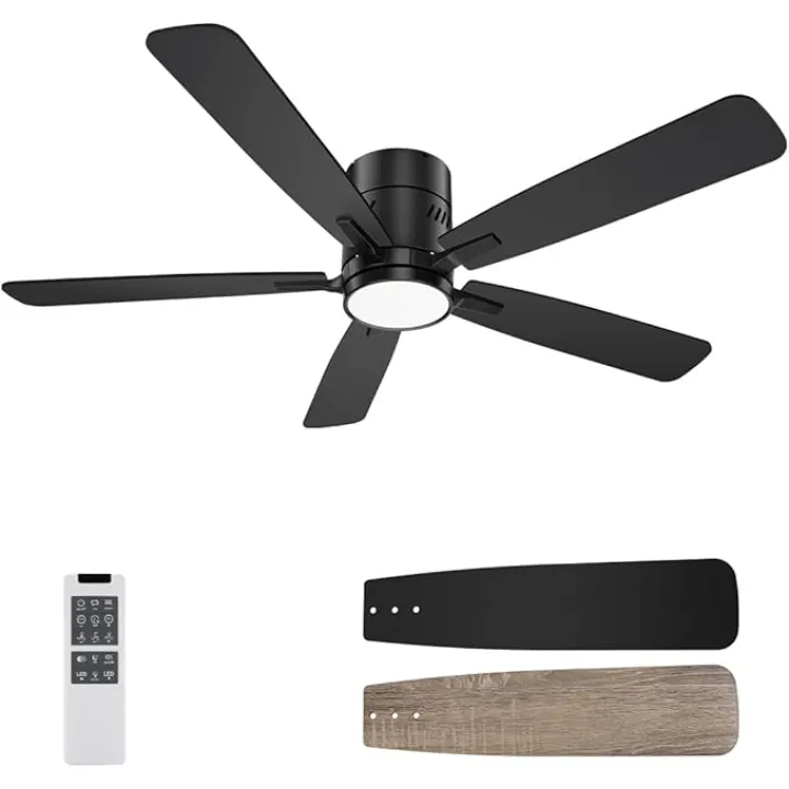 48 inch Flush Mount Ceiling Fans with Lights, 6-Speed Reversible Quite Motor, 6CCT Light Brightness Adjustable, Morden Low Profile Ceiling Fan for Bedroom Living Room, Black