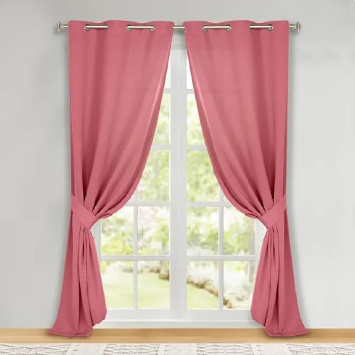 Superior Blackout Curtains, Room Darkening, Bedroom, Drapes, Kitchen, Living Room Window Accents, Sun Blocking, Thermal, 2 Pack, Solid Blackout Curtains, Set of 2, 46" x 108", Pink