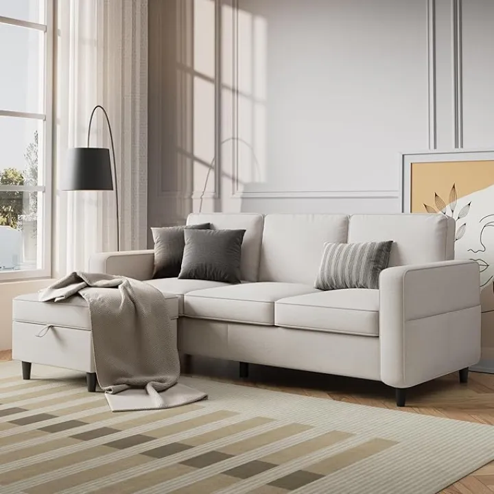 Sectional Sofa Couches for Living Room - 78'' Beige 3 Seat L-Shaped Couch with Storage Ottoman, Modern Linen Convertible Sectionals Sofas with Chaise for Apartment, Office, Small Space