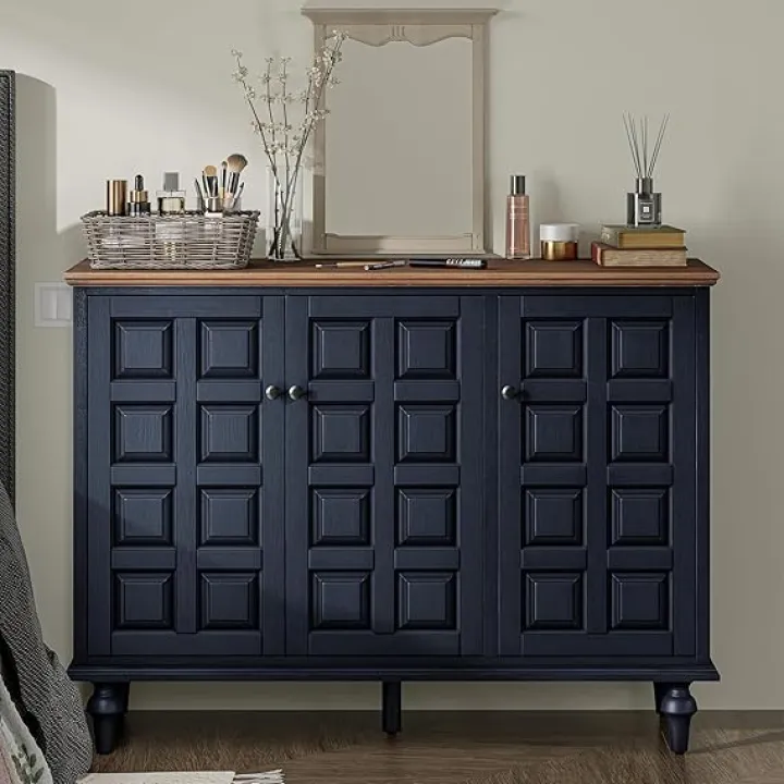 Retro 2 Door Storage Cabinet with Plaid Pattern Front, Vintage Side Table with Push-to-Open Doors for Bedroom, Living Room, Handles, Two-Shelves, Pine Wood, Dark Blue, Natural Wood