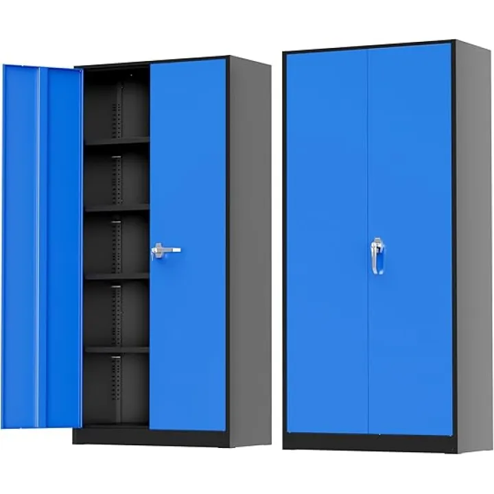 Greenvelly Metal Storage Cabinet with Doors and Shelves, 72”-Inch Locking Metal Cabinet,Garage Storage Cabinet for Garage Office School Warehouse (Black Blue)